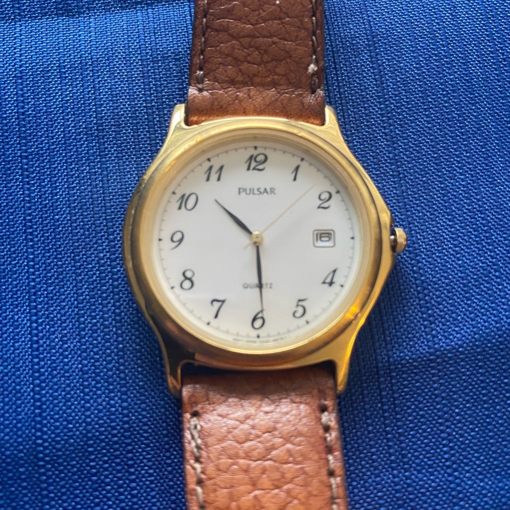 Pulsar Gold Watch with Brown Leather Strap